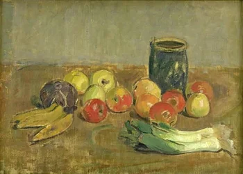 Stilleben. Epler, purre, bananer og grønn krukke