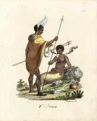 Afrikanske krigere med våpen (trykk)