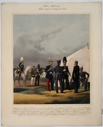 Imperial guard: pionerer (sapper), invalider og gendarmer - Pionerer, invalides og gendarmer fra Imperial Guard Corps - Piratsky, Karl Karlovich (1813-1889) - 1867 - Fargelitografi - 56x45 - Privat samling