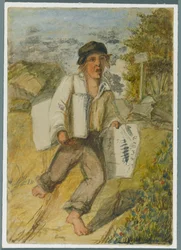 Newspaper Boy, 1864 (wc over svarte medieundertegning)