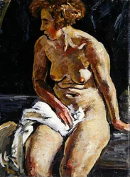Sitter naken med et hvitt håndkle, II (olje på lerret)