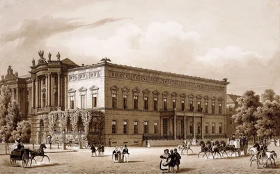 Unter den Linden, Berlin. palasset til prins Wilhelm, bygget av Karl Langhans i 1834-36, og det kongelige bibliotek, bygget av Georg Christian Unger 1775-78 etter planer av Josef Emanuel Fischer von Erlach, med utsikt over Platz am Opernhaus,