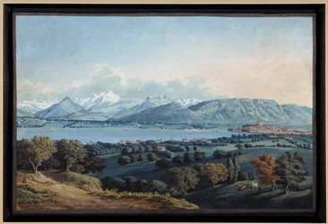 Utsikt over Genève med Lake Leman og Mont Blanc akvarell av Karl Hackert (1740-1800) Privatsamling fra 1800-tallet