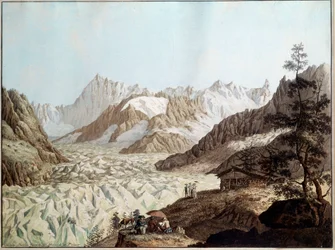 Utsikt over ishavet på Mount Avert nær Chamonix i Alpene Illustrasjon av Karl Hackert (1740-1800) (ec.all.) 1781 Frankfurt. Stadelsches Kunstinstitut
