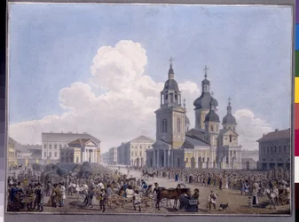 Hay Market Place og Assumption Church i St. Petersburg. Verk av Karl Petrovich Beggrov (1799-1875), akvarell på papir