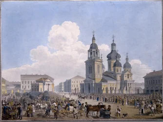 Hay-market Place og Assumption Church i St. Petersburg - Verk av Karl Petrovich Beggrov (1799-1875), akvarell på papir (10,3x15,1 cm),1820-1830 - State Russi