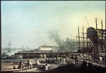 Admiralitetsverftet i Saint Petersburg (Saint-Petersburg). (Admiralitetets marineverft i St. Petersburg). Maleri av Karl Petrovich Beggrov (1799-1875). Olje på lerret, russisk kunst fra 1800-tallet. Statens russiske museum, St. Petersburg.