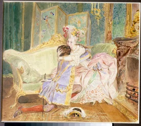Stevnemøte: kyss mellom en svart mann og en hvit kvinne fra den russiske adelen - Illustrasjon til romanen «Le Negre de Pierre le Grand» av Aleksandr Pusjkin (1799-1837), basert på livet til Abraham Hannibal (Abram Petrovitsj Gannibal) (1696-1781) - O