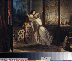 Romeo og Julie (Romeo og Julie). En mann klatrer opp en balkong for å finne en kvinne på et hemmelig møte. Maleri av Karl Pavlovich Briullov (Bryullov) (1799-1852). Akvarell på papp, ca 1830, 23,2 x 31,5 cm, russisk kunst