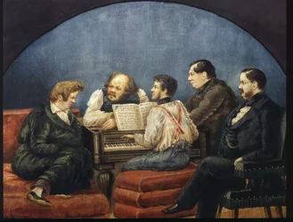 Komponisten Michail I Glinka og vennene hans (gruppeportrett av K Briullov, M Glinka, Y Yanenko, N Kukolnik)