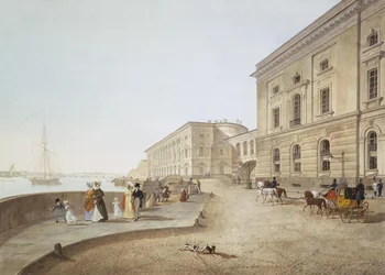 Utsikt over Neva Embankment ved Old Hermitage Building, 1824