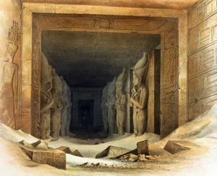 Gigantiske kalksteinsstatuer av Ramses II (Rameses - 1304-1237 f.Kr.). Litografi etter Karl Richard Lepsius (1810-1884), prøyssisk egyptolog. Hver statue holder en stang og et slag, symboler på kongedømmet.