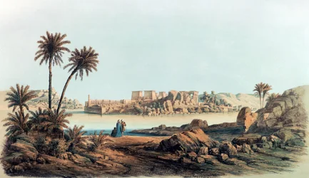 Utsikt over Philae. Litografi etter Karl Richard Lepsius (1810–1884), prøyssisk egyptolog. Utsikt over Nilen til templene på øya Philae.