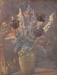Leirvase med tulipaner og andre blomster