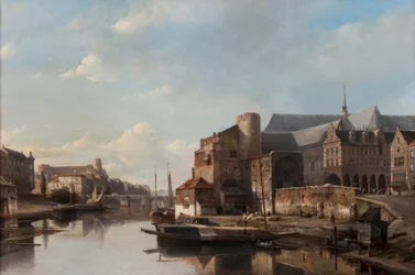 En Capriccio-utsikt over en nederlandsk by langs en elv