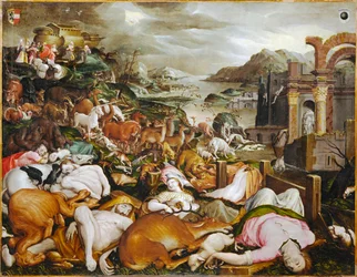 Noah, familien hans og alle dyrene som forlater arken (maleri på lerret)