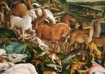 Noah, familien hans og alle dyrene som forlater arken (maleri på lerret)