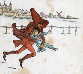 A leprechaun takes a small child. Illustration by Kate Greenaway (1846-1901) from the children
