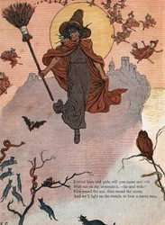 En heks og hennes kost omgitt av svarte katter, en flaggermus og en ugle. (Små gutter og jenter, vil dere komme og ri med meg på kosteskaftet mitt?) Illustrasjon av Kate Greenaway (1846-1901) fra boken med fortellinger og barneregler for barn “Under The