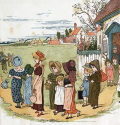 Ut av skolen. Illustrasjon av Kate Greenaway (1846-1901) fra boken med eventyr og barnerim for barn "" Under The Window" (1879), redigert av Edmund Evans.