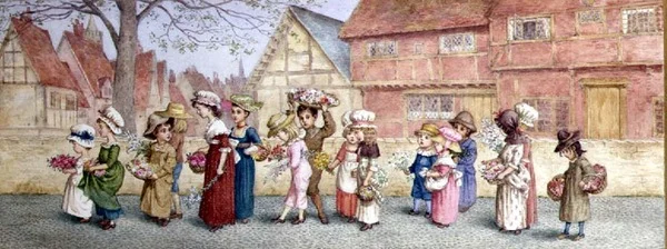 Prosesjon av seksten barn som bærer blomster, ca. 1876 (akvarell på papir)