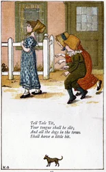 Fortell en historie/Tungen din skal skjæres over: Illustrasjon av Kate Greenaway (1846–1901) til en bok med barnerim. Kromolitografi