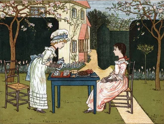 Time of the day: two young girls tasting it in a garden. Illustration by Kate Greenaway (1846-1901) from the book of tales and nursery rhymes for children “” Under The Window” (1879), edited by Edmund Evans.