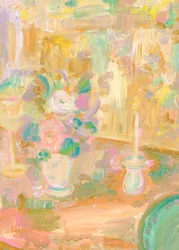 Impresjonistisk maleri av blomster og et stearinlys