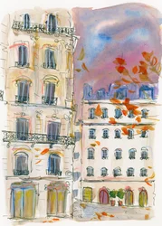 Et gatehjørne i Paris med lilla himmel
