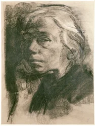 Kaethe Kollwitz, selvportrett (kull på papir)