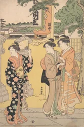 Messebesøkende i anlegget til et buddhistisk tempel, ca. 1789.