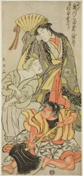 Skuespiller Ichikawa Komazô III som Nyosan no Miya (Den tredje prinsessen), Ukare Zatô (A Blind Street Performer) og Sakata no Kaidô-maru i quot;Expanded Summer Festivalquot; (quot;Zôho natsu matsuriquot;)