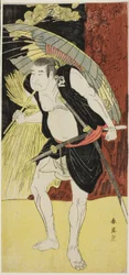 Skuespillerne Mimasu Tokujirô I som Hayano Kampei (venstre) og Nakayama Kojûrô VI som Ono Sadakurô (høyre) i «Treasury of the 47 Loyal Retainers» («Kanadehon chûshingura»)