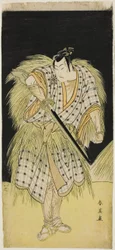 Skuespillerne Mimasu Tokujirô I som Hayano Kampei (venstre) og Nakayama Kojûrô VI som Ono Sadakurô (høyre) i «Treasury of the 47 Loyal Retainers» («Kanadehon chûshingura»)
