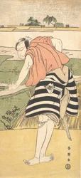 Onoe Matsusuke som en mann som står på en sti gjennom rismarker, ca. 1797.