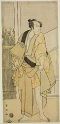 Skuespilleren Ichikawa Monnosuke II som Hiranoya Tokubei () i stykket Waka Murasaki Edokko Soga (), fremført på Ichimura-teatret () i den tredje måneden, 1792 ()