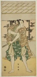Skuespilleren Ichikawa Omezo I som båtmannen Takihei () i stykket Ofunamori Ebi no Kaomise (), oppført på Kawarazaki-teateret () i den ellevte måneden, 1792 ()