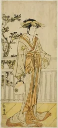 Skuespilleren Iwai Hanshiro IV som Okumi fra Mieido-fanbutikken () i stykket Sanjuk-koku Yobune no Hajimari (), fremført på Ichimura-teatret () i den femte måneden, 1789 ()