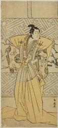 Skuespilleren Iwai Hanshiro IV som Soga no Goro Tokimune i stykket Koi no Yosuga Kanegaki Soga, fremført på Ichimura-teatret i den første måneden, 1789