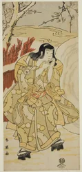 Skuespilleren Iwai Hanshiro IV som en gutt som blåser på hendene ved siden av en stor snøball, i stykket Nigiwai Genji Hana Saku Kado, fremført på Kawarazaki-teatret i den ellevte måneden, 1793