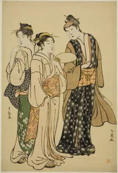 Iwai Hanshiro IV - Street Attire (av Shun#39;ei) Conversing with Two Women (av Shuncho)