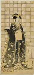 Skuespilleren Iwai Kiyotaro II som Lady Itohagi () i stykket Genji Saiko Kogane Tachibana (), oppført på Ichimura-teatret () i den ellevte måneden, 1788 ()