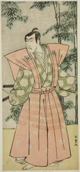 Skuespilleren Matsumoto Koshiro IV som Hatakeyama Shigetada Forkledd som Honjo Soheiji () i Play Edo no Fuji Wakayagi Soga (), fremført på Nakamura Theatre () i den første måneden av 1789 ()