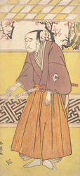 Skuespilleren Onoye Matsusuke I, som en mann som holder en lukket fan i høyre hånd, ca. 1780.