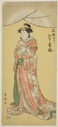 Yamashita Kinsaku II som hushjelpen Tsumagi i stykket quot;Otokyama O-Edo no Ishizuequot; fremført på Kiri Theatre i den ellevte måneden,