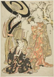 Skuespillerne Iwai Hanshirô IV, Ichikawa Monnosuke II og Sakata Hangorô III i quot;Snowflakes: Raising the Standard at Izuquot; (quot;Mutsu no Hana Izu no Hataagequot;)