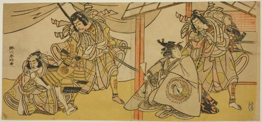 Høyre side: Bando Hikosaburo III som Soga no Goro (til høyre), og Segawa Kikunojo IV som Onna Asahina (til venstre), i Play Ume-goyomi Akebono Soga; Venstre ark: Skuespillerne Onoe Matsusuke I som Furugori Shinzaemon (til venstre), og Ichikawa Danjuro V