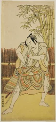 Skuespilleren Bando Mitsugoro I som Ogata no Saburo Forkledd som Yoroya Takiemon i stykket Takamatsu Yuki no Shirahata, fremført på Ichimura Theatre i den ellevte måneden,