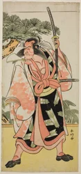 Skuespilleren Ichikawa Danjuro vs Kajiwara Genta Kagesue i stykket Yuki Nazuna Saiwai Soga, fremført på Kiri Theatre den første måneden,