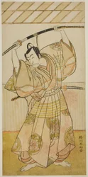 Skuespilleren Ichikawa Danjuro V som Taira no Munekiyo () fra stykket Kitekaeru Nishiki no Wakayaka (), fremført på Nakamura Theatre () i den ellevte måneden, 1780 ()